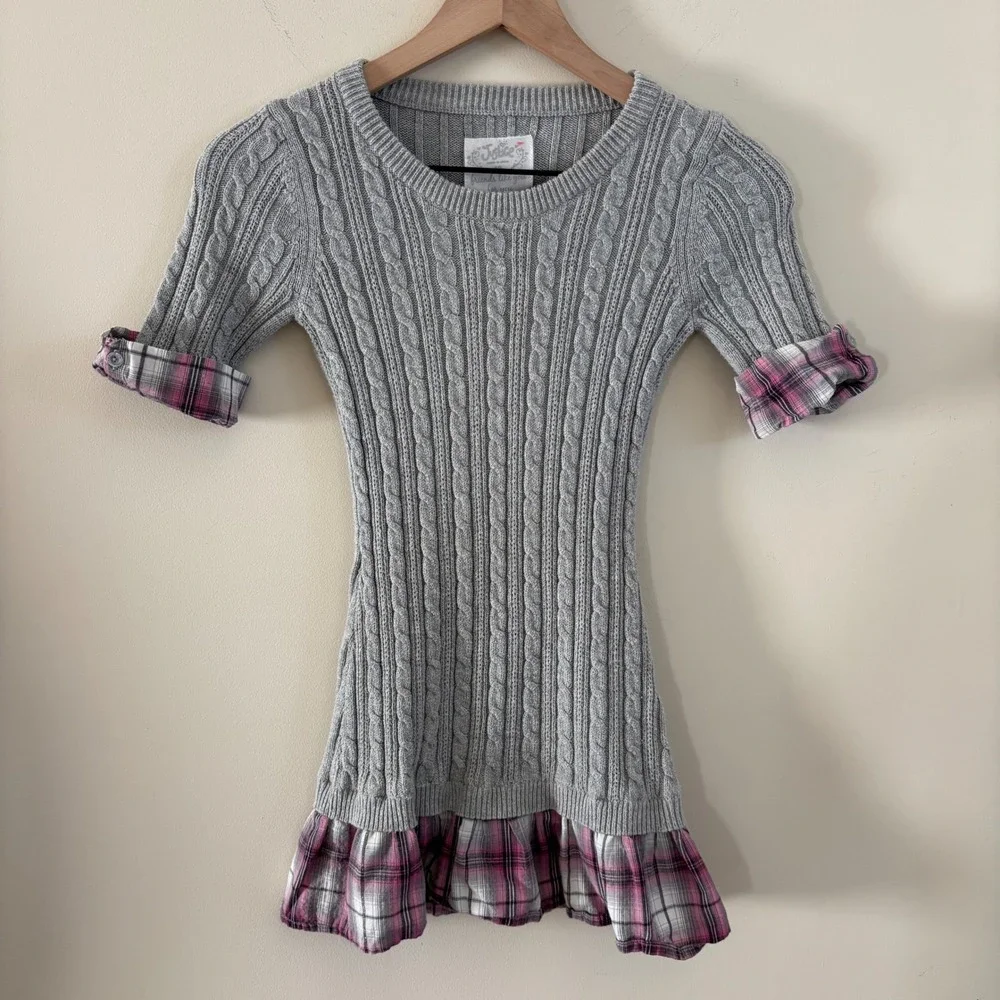 Justice Girls Gray Cable Knit Sweater Plaid Trim Short Sleeve Top Size 12 XS